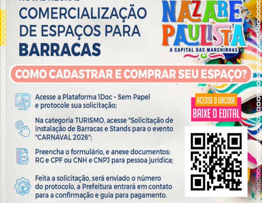 Prefeitura abre inscrições, na próxima quarta-feira (14/01), para venda de espaços comerciais no Carnaval 2026 em Nazaré Paulista